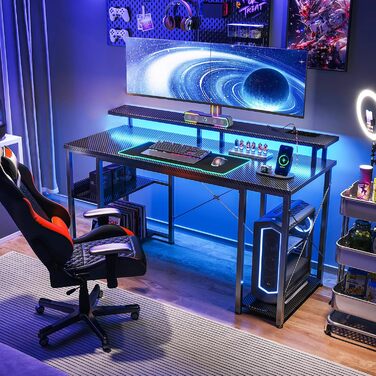 Ігровий стіл Coleshome зі світлодіодним освітленням, 120x50 см, ігровий стіл з 2 розетками та 2 USB-портами, комп&39ютерний стіл з підставкою для монітора та місцем для зберігання, стіл для домашнього офісу, чорний 120x50 см