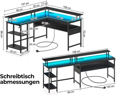 Г-подібний ігровий стіл Rolanstar, 137 x 108 см, метал / дерево, чорний