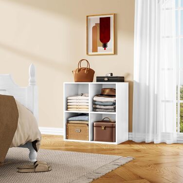 Книжкова полиця WOLTU з 4 кубами, дерев&39яна система зберігання в скандинавському стилі, самонесуча, із захистом від перекидання, для спальні, вітальні, кабінету, офісу, біла, 60 x 60 x 30 см, 4 відділення (29 Г x 59,6 Ш x 59,8 В см) Біла