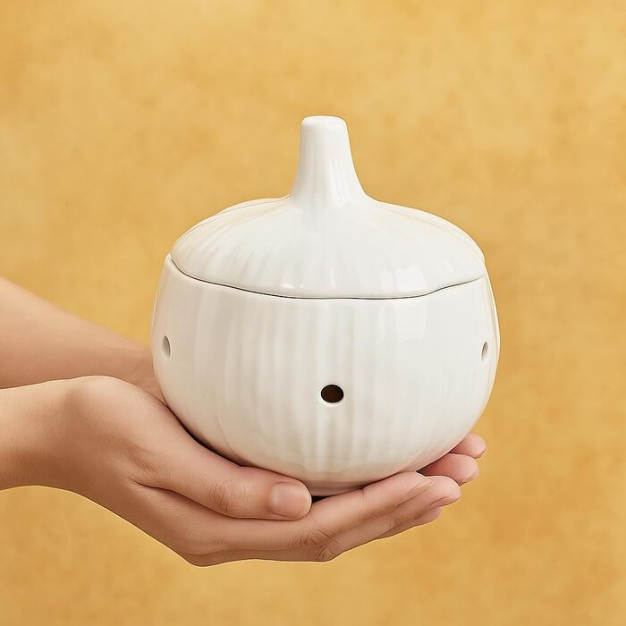 Керамічна банка для часнику з вентиляцією - контейнер для зберігання часнику, цибулі та спецій - контейнер для часнику 13 x 13 x 14 см - сучасне кухонне сховище