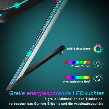 Ігровий стіл SONNI 140 см, ігровий стіл зі світлодіодним підсвічуванням, Z-подібна міцна ніжка, з підставкою для чашки та підставкою для навушників, 140x60x75 см, чорний (килимок для миші не входить до комплекту)