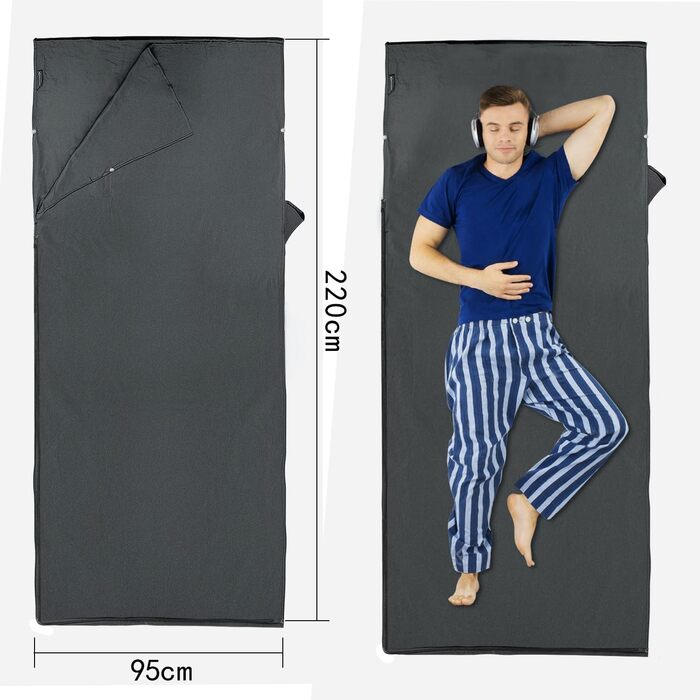 Бавовняний спальний мішок MYCARBON 2-в-1, 95x220 см, надлегкий спальний мішок із захисним чохлом на блискавці, ідеально підходить для походів, подорожей, кемпінгу, активного відпочинку, хостелів, гірських хатин, сірий