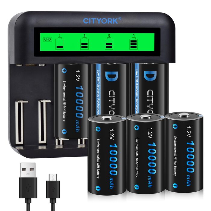 Акумуляторні батареї CITYORK D Cell 10000mAh з 8 слотами для заряджання NI-MH батарейок типу AA, AAA, CD (зарядний пристрій та 6 батарейок типу D)
