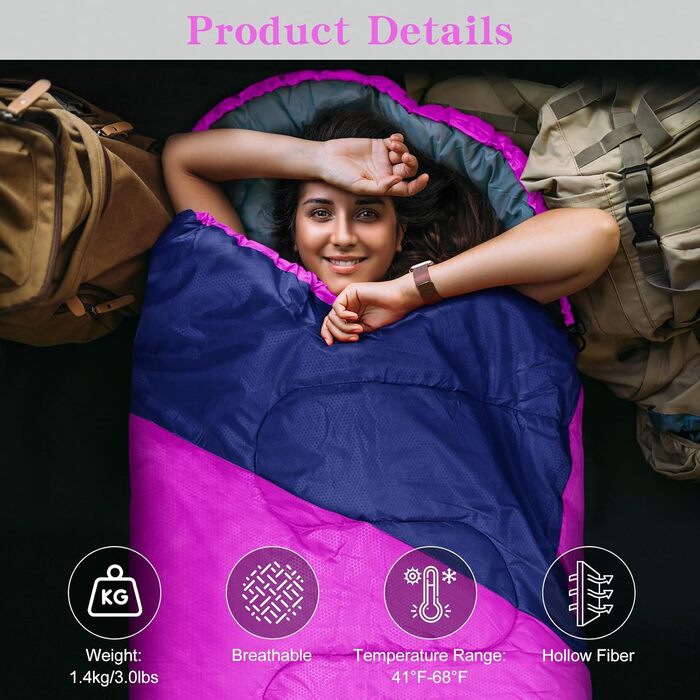 Легкий та компактний спальний мішок для дорослих та дітей, 3-4 сезони, легкий та компактний спальний мішок для походів, прямокутний кемпінговий спальний мішок з кишенею, рожево-червоний темно-синій