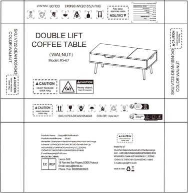 Журнальний столик VOWNER, журнальний столик з регульованою висотою, розсувний, висувний журнальний столик, окреме приховане відділення для зберігання, подвійна підйомна платформа, стіл для вітальні, колір горіх