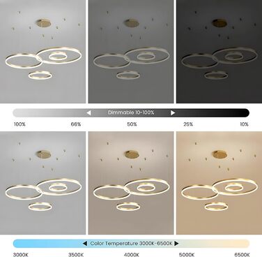 Металева світлодіодна люстра WayLuoung 3 кола 204060см Стельовий підвісний світильник з кільцями 45 Вт, пульт дистанційного керування з регулюванням яскравості 3000-6000K, підвісний світильник з акриловим абажуром, вітальня Спальня Фойє Їдальня (золотий,