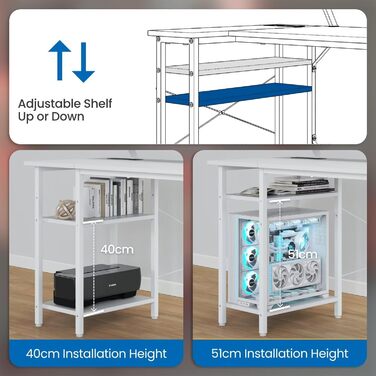 Г-подібний ігровий стіл зі світлодіодним підсвічуванням та розетками, 140 x 80 см, кутовий комп&39ютерний стіл з сумкою для зберігання, регульованими полицями та великою підставкою для монітора, для домашнього офісу, білий колір 140 x 80 см