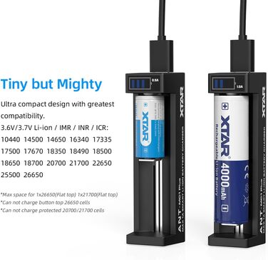 Зарядний пристрій XTAR MC1 Plus USB-C для літій-іонних акумуляторів 18650, 21700, 26650, 14500, 18350 - розумний зарядний пристрій 0,5A/1A з РК-дисплеєм, активацією 0V, відновленням після перерозряду, швидкою зарядкою через USB-C