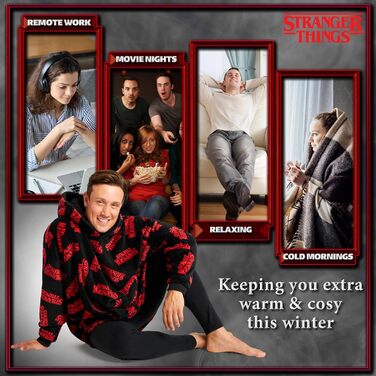 Ковдра з худі Stranger Things для дорослих, портативна ковдра з шерпа-флісу з капюшоном та рукавами, затишна худі для жінок, чоловіків та підлітків, подарунки для шанувальників, один розмір, чорний/червоний