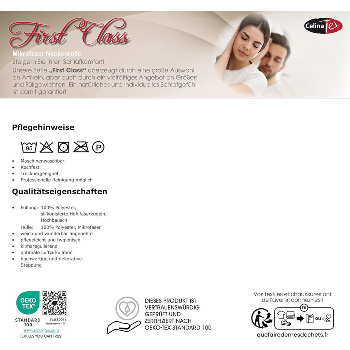 Подушка для шиї CelinaTex First Class, 2 валика для шиї, 40 x 15 см, мікрофібра, порожниста, дихаюча, стійка до кипіння, з набивкою-блискавкою, волокнистий наповнювач, 2 шт., 40 x 15 см