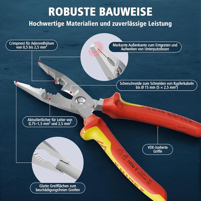 Кніпекс (KNIPEX) плоскогубці для електромонтажу VDE, 200 мм, 13 86 200 SB