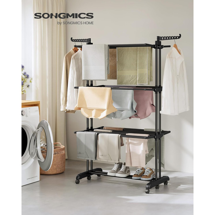 Сушарка для білизни SONGMICS на 4 рівнях, розкладна, з колесами, чорна
