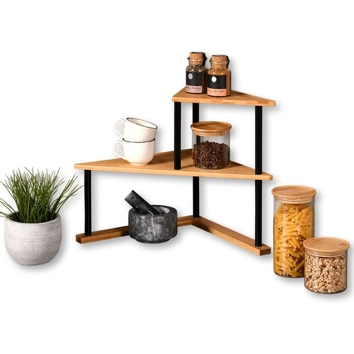 Кухова кутова полиця з 2 полицями, матеріал бамбук, розміри Ш 52 x В 39 x Г 29,5 см, колір натуральний, чорний 58808