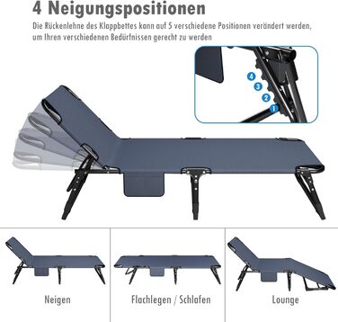 Складаний шезлонг з 4 регульованими положеннями спинки, портативна універсальна комбінація кемпінгового ліжка/шезлонга для саду, басейну, патіо, м&39який матрац та подушки - синій