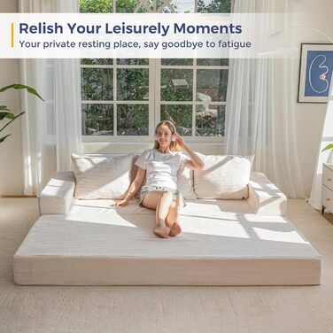 Розкладний диван MAXYOYO, вельветовий диван на підлозі, розкладний диван з підставкою для чашок та декоративними подушками, зручний компресійний диван для вітальні, спальні, кімнати для гостей, кремовий 3-місний