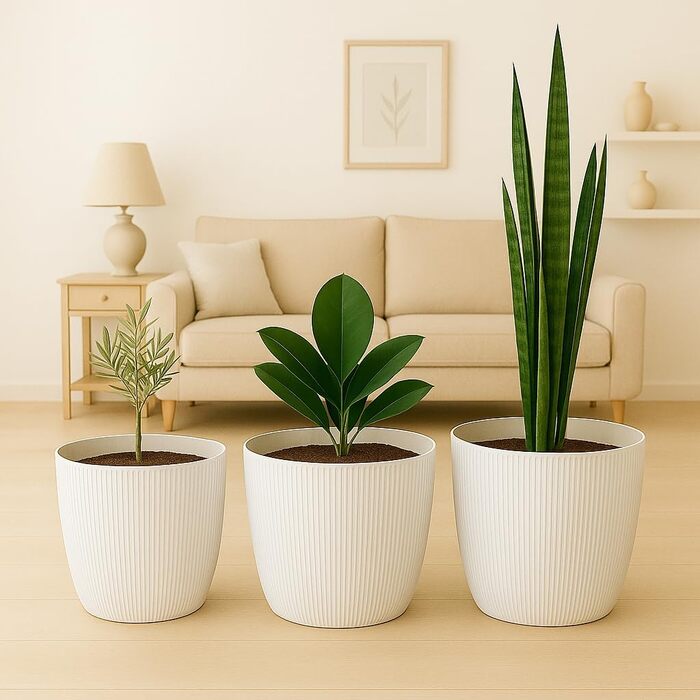 Прикраси для дому та саду, кашпо та квітковий горщик, набір з 3 шт. , виготовлені з пластику, без дренажних отворів, горщик у смугастий візерунок для кімнатних рослин (кремовий, 18 см) Ø 18 см (7,08 дюйма) Кремовий