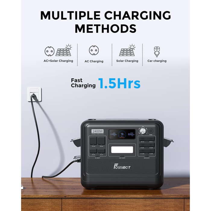 Портативна електростанція FOSSiBOT F2400 2400W 2048Wh, сонячний генератор LiFePO4, балконна електростанція швидкої зарядки 1,5 год