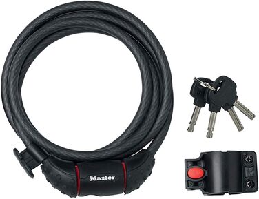 Тросовий замок для велосипеда Master Lock, ключ, сталевий трос 1,8 м, водонепроникний, з кронштейном, 8130EURDPRO - Використовуйте з усіма типами велосипедів, колясок та іншого спортивного спорядження. Чорний, 29,0 см x 14,8 см x 4,0 см.