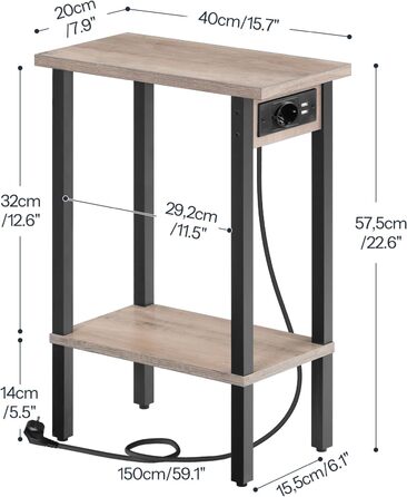 Вузький 2-ярусний бічний столик HOOBRO, диван-столик із зарядною станцією, тумбочка з полицею, журнальний столик, для невеликих приміщень, вітальні, спальні, кабінету, сіро-чорний EBG240CBZ01 сіро-чорний 1