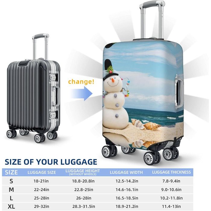 Чохол для валізи Сніговик на пляжі, захисний, міцний, для валіз розміром 45.7-81.3 см, чорний, малий