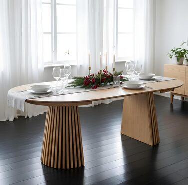 Обідній стіл ebuy24 Tokyo з 2 розсувними листами Ø120x120 до 160-200 см, дубовий шпон. Розсувний круглий обідній стіл, розсувний круглий стіл, розсувний овальний обідній стіл, натуральний дуб 120 см