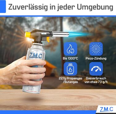 Газовий пальник Z.M.C 8 газових картриджів 227 г, пальник фламбе до 1300C, пальник Бунзена 1,3 кВт, паяльний пальник, кухонний пальник з регульованим полум'ям