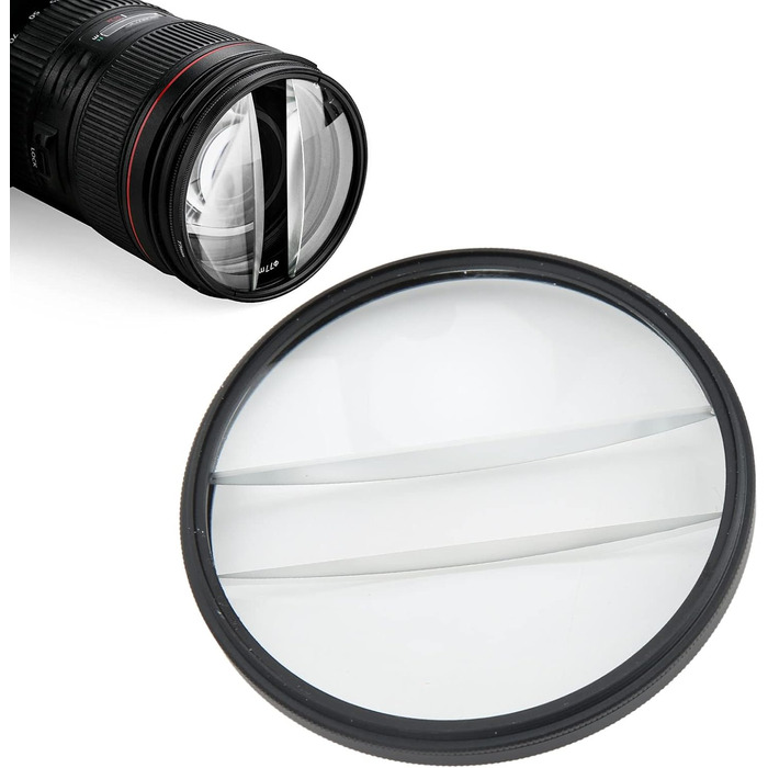 Подвійний скляний роздільний діоптрійний фільтр, 77-мм розділений діоптрійний призматичний фільтр камери Подвійний скляний розділений діоптрійний фільтр для обєктива Розмиття центрального фільтра масштабування, для дзеркальних фотоапаратів на відкритому п