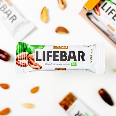 Енергетичні батончики Lifefood, веганські спортивні батончики, енергетичний батончик для піших прогулянок, їзди на велосипеді, фітнесу, органічний, без глютену, без лактози, без доданого цукру - 15 упаковок (15 x 40 г) (бразильський горіх)