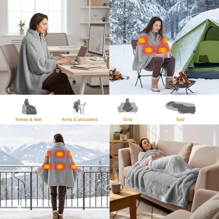 Бездротова ковдра з підігрівом 160x90 см з акумулятором 16000 мАг, фланелева ковдра з підігрівом, яку можна прати, з 6 зонами нагріву та 3 температурними режимами, електрична ковдра з підігрівом від USB для дивана, офісу, подорожей, кемпінгу (сіра)