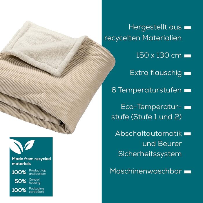 Ковдра Beurer HD 80 Cord бежевого кольору з підігрівом, м&39яка зігрівальна ковдра з 6 температурними режимами, з перероблених матеріалів, з автоматичним вимкненням та системою безпеки, м&39яка ковдра виготовлена з модної, м&39якої вельветової тканини.