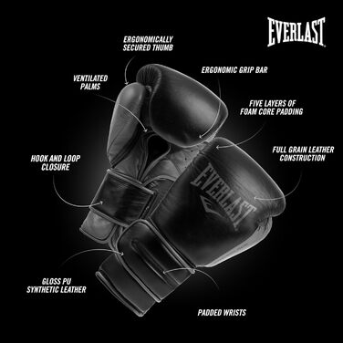 Боксерські рукавички Everlast Powerlock 2R, для боксерського мішка, лап та спарингу, з функцією підтримки зап&39ястя Turnback, 4-шарова піна оригінальне спорядження Everlast Black 14OZ