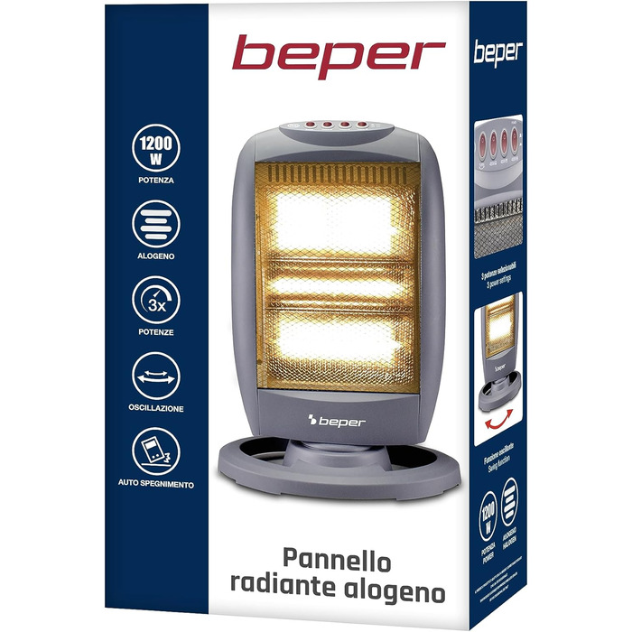 Галогенна нагрівальна панель BEPER P203PAN011, 400/800/1200 Вт, 3 нагрівальні елементи, 3 рівні потужності, автоматичне горизонтальне коливання, функція ECO та автоматичне вимкнення, сіра