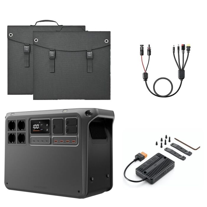 Портативна електростанція DJI Power 2000, сонячний генератор потужністю 2048 Втгод, 3000 Вт, 2 складні сонячні панелі по 200 Вт, роз&39єми MC4 - DC5525 чоловічий / DC7909 чоловічий / Anderson 30A / XT60 жіночий, 1 x MPPT. Power 2000 2 сонячні панелі по 20