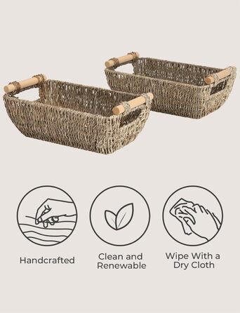 Вироби для зберігання Невеликі плетені кошики ручної роботи, морська трава, кошики для зберігання з дерев'яними ручками, 30,5 x 18,3 x 10,9 см, упаковка 2 шт.