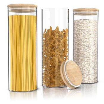 Банки для зберігання з кришками, 2 літри - Набір з 3 шт. - 10 x 28 см / - Скляні контейнери - Термостійкі - Банки для зберігання з дерев&39яними кришками - Герметичні - для мюслі, цукру, борошна, спагеті, кави, рису