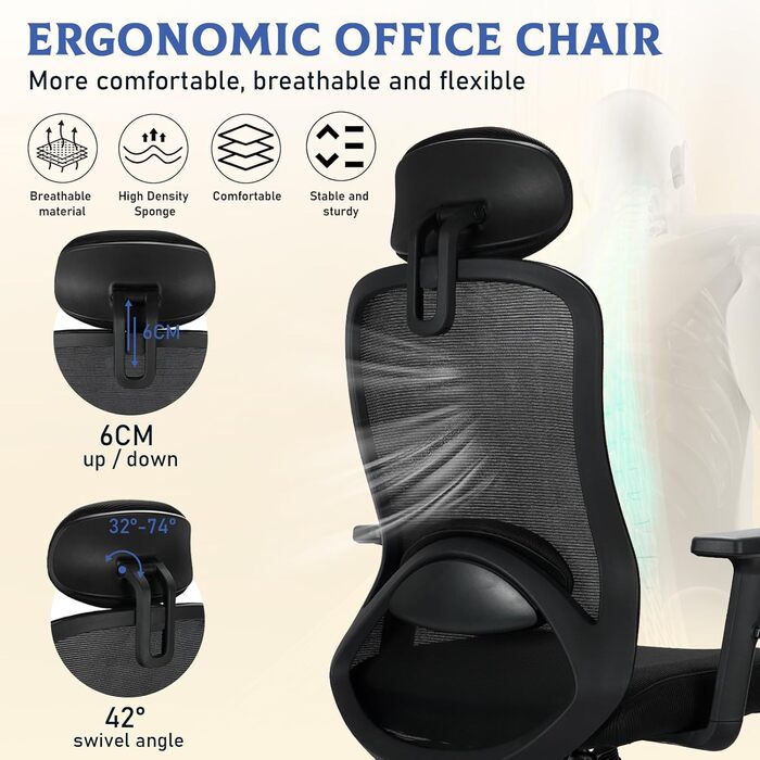 Офісне крісло, ергономічне офісне крісло, зручне робоче крісло, регульоване по висоті, крісло з повітропроникної сітки, обертове крісло з діапазоном повороту 90, 110 та 130, з можливістю блокування, вантажопідйомність до 150 кг, крісло з сітки