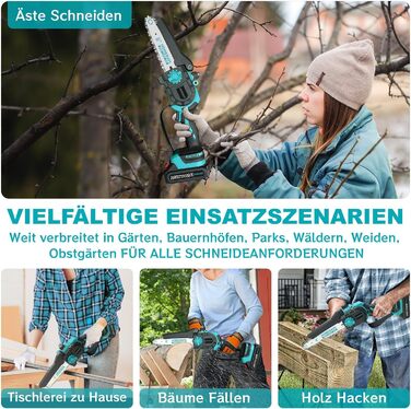 Міні-бензопила з акумулятором 4000 мАг, 8-дюймова та 6-дюймова міні-бензопила електрична з автоматичною маслянкою та безщіткова ручна бензопила 26 В-2*2000 мАг Акумулятор для секатора Секатори Різання деревини Z Blue