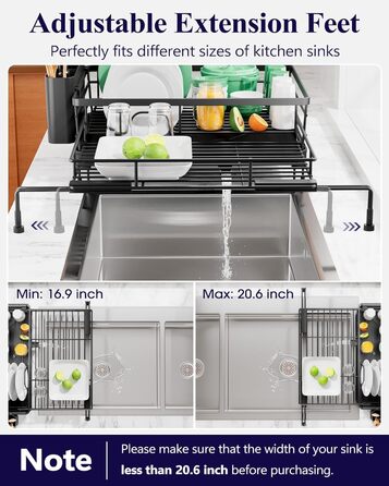 Висувна сушарка для посуду Kitsure сушарка для посуду з нержавіючої сталі з регульованими ніжками, тримачем для столових приборів та знімним підносом, 39,5-64,0 см x 43,0 см x 20,5 см, чорна