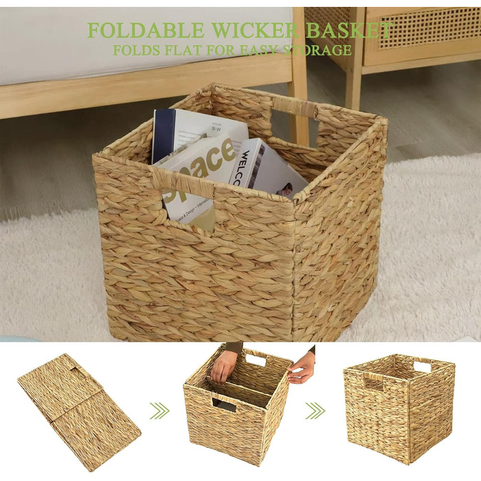 Кошики для зберігання Kallax з 4 предметів, вкладиші з водяного гіацинта для полиць, складні коробки Kallax, плетений кошик для зберігання, кошик для білизни для полиць, плетені контейнери для ванної кімнати (30 см * 30 см * 30 см), комплект з 4 предметів