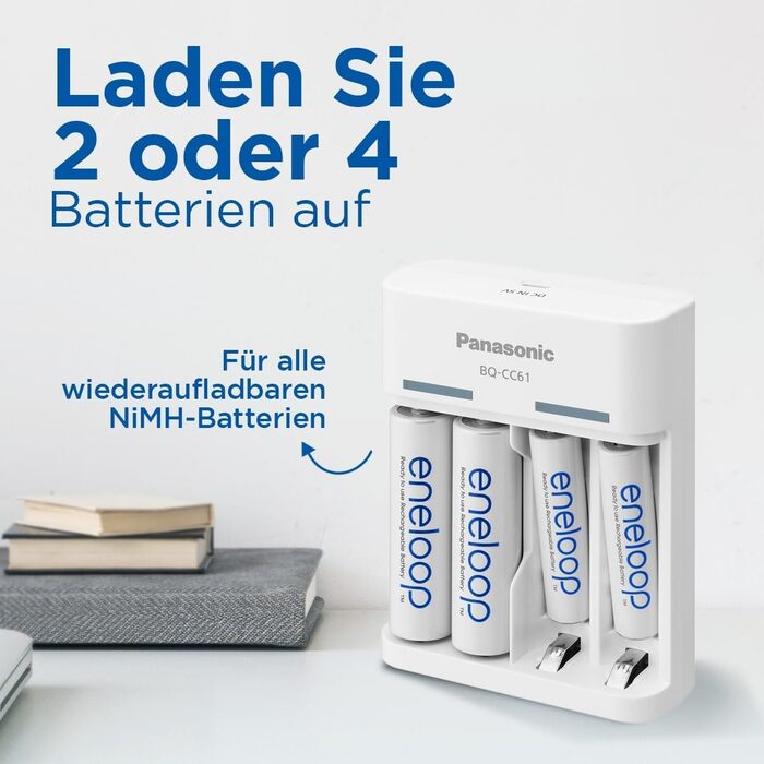 Зарядний пристрій eneloop Basic USB, для 2-4 нікель-металгідридних акумуляторів типу AA/AAA, час заряджання 10 годин, 6 функцій безпеки, включаючи 4 акумулятори eneloop типу AA (2000 мАг), зарядний пристрій USB з 4 акумуляторами eneloop типу AA