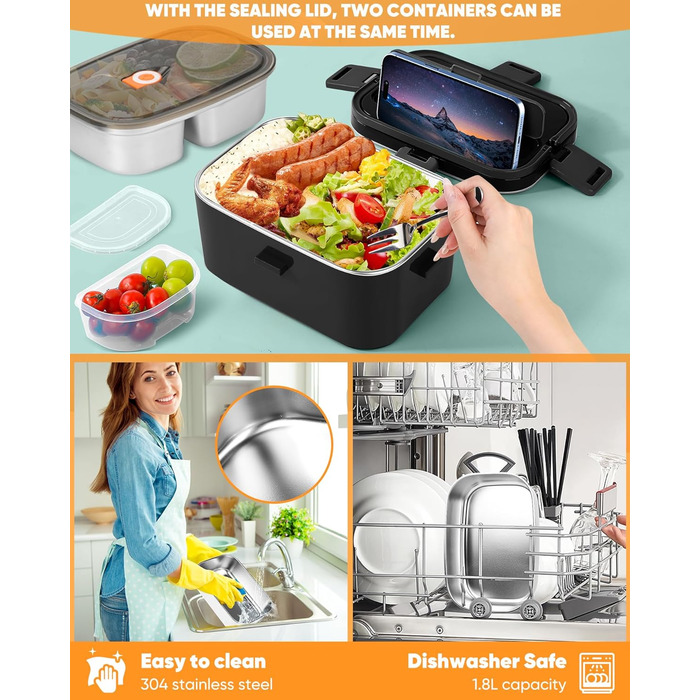 Електричний підігрівач їжі для ланчбоксу Eocolz 100 Вт, підігрівач їжі з подвійним контейнером 1,8 л, портативний підігрітий ланчбокс для автомобіля, вантажівки, роботи, виделка та ложка з нержавіючої сталі 12/24/110 В для дорослих, чорний - 1,8 л