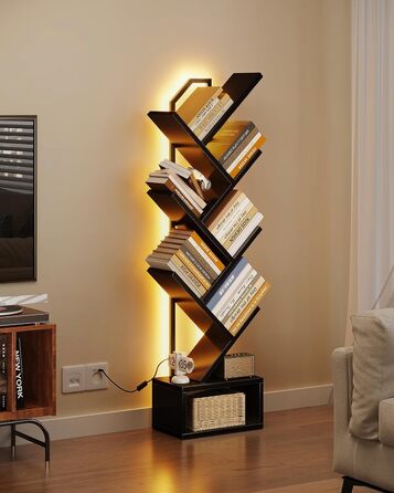 Книжкова полиця Coleshome у формі дерева, 6-ярусна окремостояча полиця, дерев&39яна книжкова полиця зі світловою стрічкою, підходить для вітальні та спальні, чорна