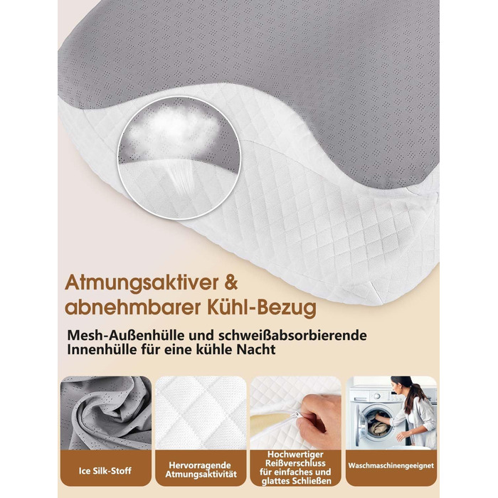 Подушка для шиї 2-в-1 з піни з ефектом пам&39яті, ергономічна для сну на боці та на спині зі знімним чохлом, який можна прати, 6412/13 см