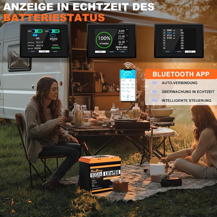 Літій-іонний акумулятор Cloudenergy 12,8 В 100 Аг LiFePO4, 1280 Втгод, 100 А Bluetooth BMS із сенсорним екраном, 6000 циклів заряджання/розрядки, підходить для автофургонів, човнів та кемпінгу. (DP-12V-100Ah)