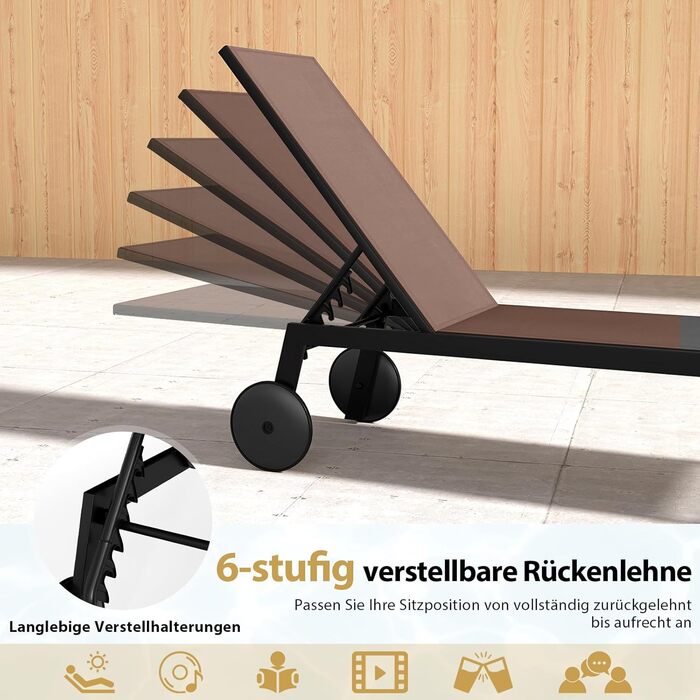 Комплект із 2 предметів Шезлонг на колесах, Садовий шезлонг з регульованою спинкою та швидковисихаючою тканиною, Шезлонг на колесах витримує до 150 кг, Шезлонг для саду, балкону, тераси (коричневий) 2 коричневих