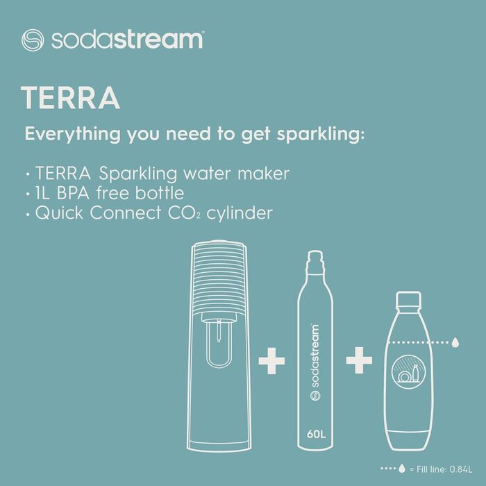 Нагрівач газованої води SodaStream Terra, з 1-літровою багаторазовою пляшкою для води без BPA для карбонізації та газовим балоном Quick Connect CO2 об'ємом 60 літрів - чорний