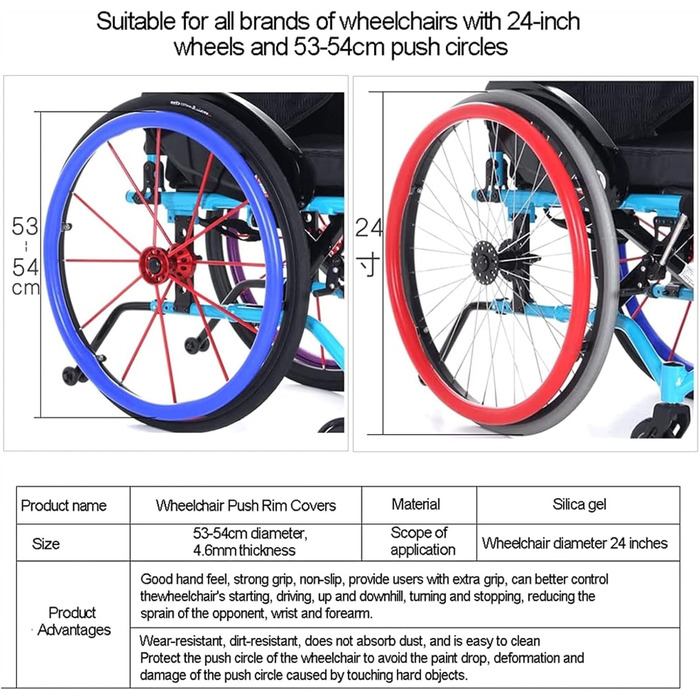 Розсувні чохли на ободи для інвалідного візка, 24-дюймовий спортивний чохол для заднього колеса, силіконовий чохол для рук, не ковзає, зносостійкий, покращує зчеплення та зчеплення, стильний, 1 пара чорний