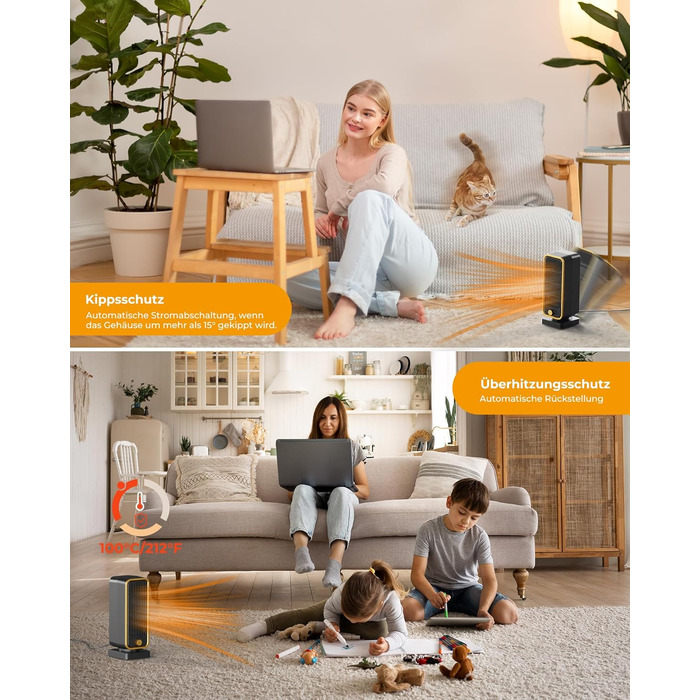 Енергозберігаючий, невеликий, тихий електричний обігрівач - керамічний PTC швидкого нагріву потужністю 900 Вт, 3-швидкісний кнопковий настільний обігрівач із захистом від перекидання для офісу, спальні, ванної кімнати, чорний