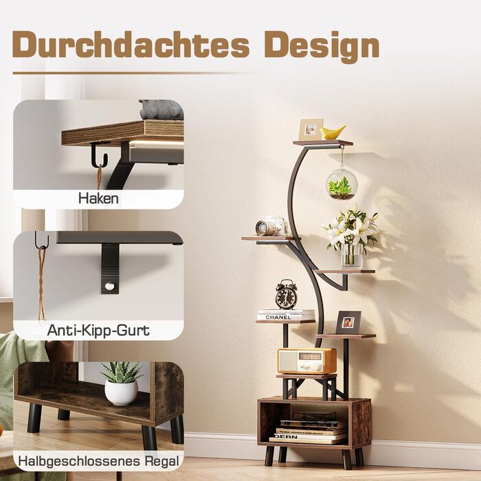 Підставка для рослин з лампою для вирощування, 160 см, підставка для квітів з дерева та металу зі світлодіодною лампою для вирощування, 7-рівнева металева полиця для рослин на ніжках для використання на вулиці та в приміщенні, вітальня, балкон, спальня.