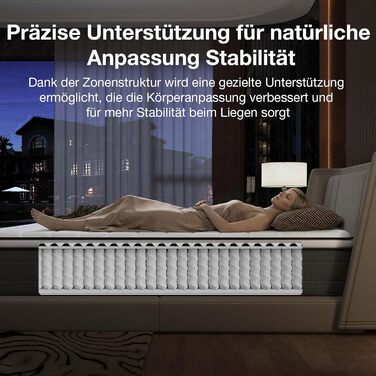 Матрац Novilla 140x200, H3 7-зонний пружинний матрац з кишеньковою структурою для цілеспрямованої підтримки, хвилеподібний шар комфортної піни для покращеної повітропроникності, сертифікований Oeko-Tex, висота 25 см x 25 см, 140 x 200 см